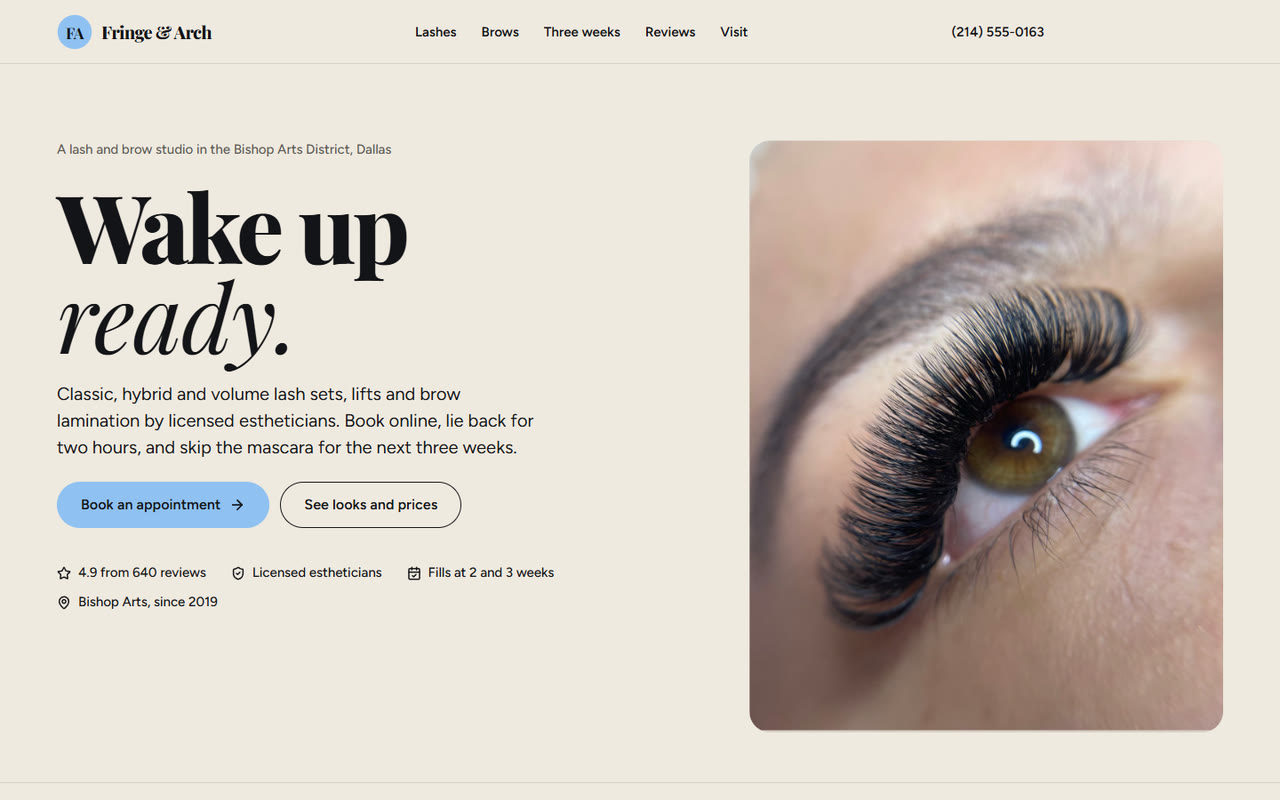 Server Free Template Report Fringe & Arch — lash & brow studio website template | SiteDrop Live