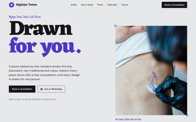 Nightjar Tattoo, a tattoo studio website template