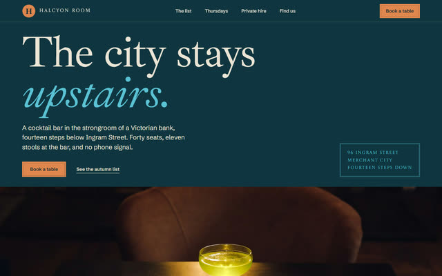 Halcyon Room, a cocktail bar website template